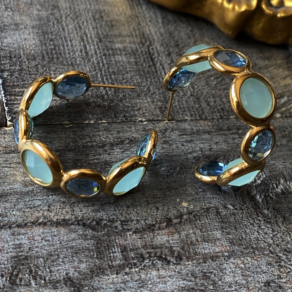 NEW Gold & Blue Stones Chunky Hoop Earrings - Picture 3 of 16